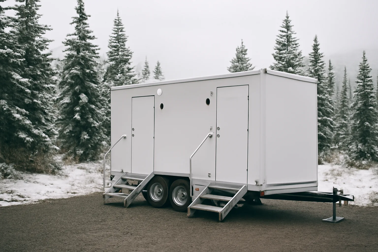 White luxury restroom trailer on a gravel pad near snowy spruce trees.