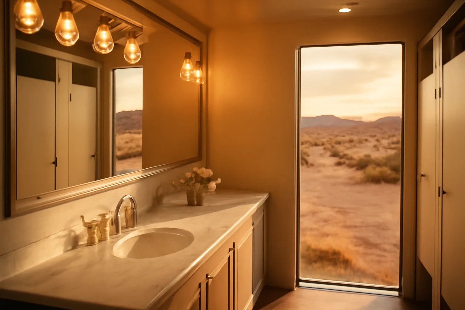 Luxury restroom trailer interior with marble countertop and open desert view at golden hour