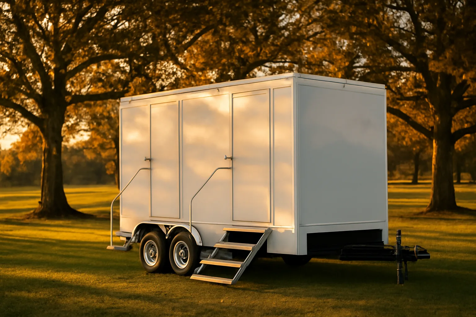 Luxury restroom trailer parked on a Virginia farm lawn at golden hour