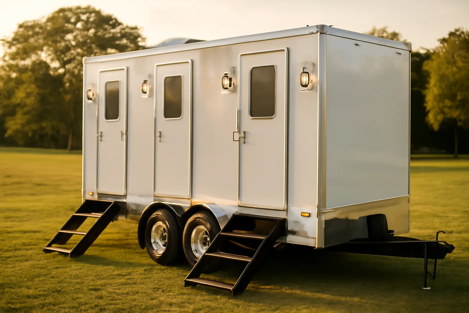 A luxury restroom trailer staged on green grass under sun, no markings or text.