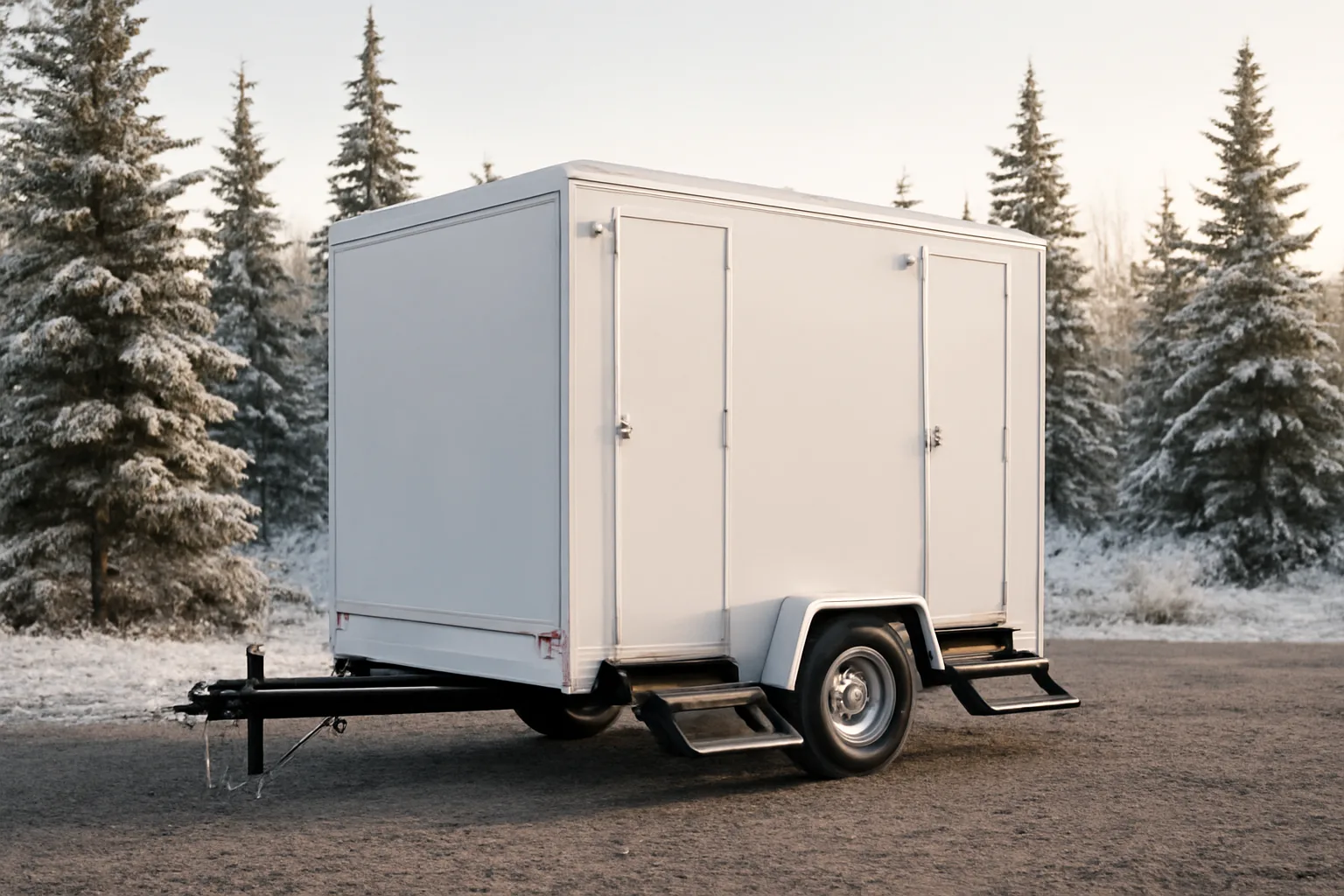 A luxury restroom trailer in an Alaska winter lot, showing the trailer tongue and license plate area
