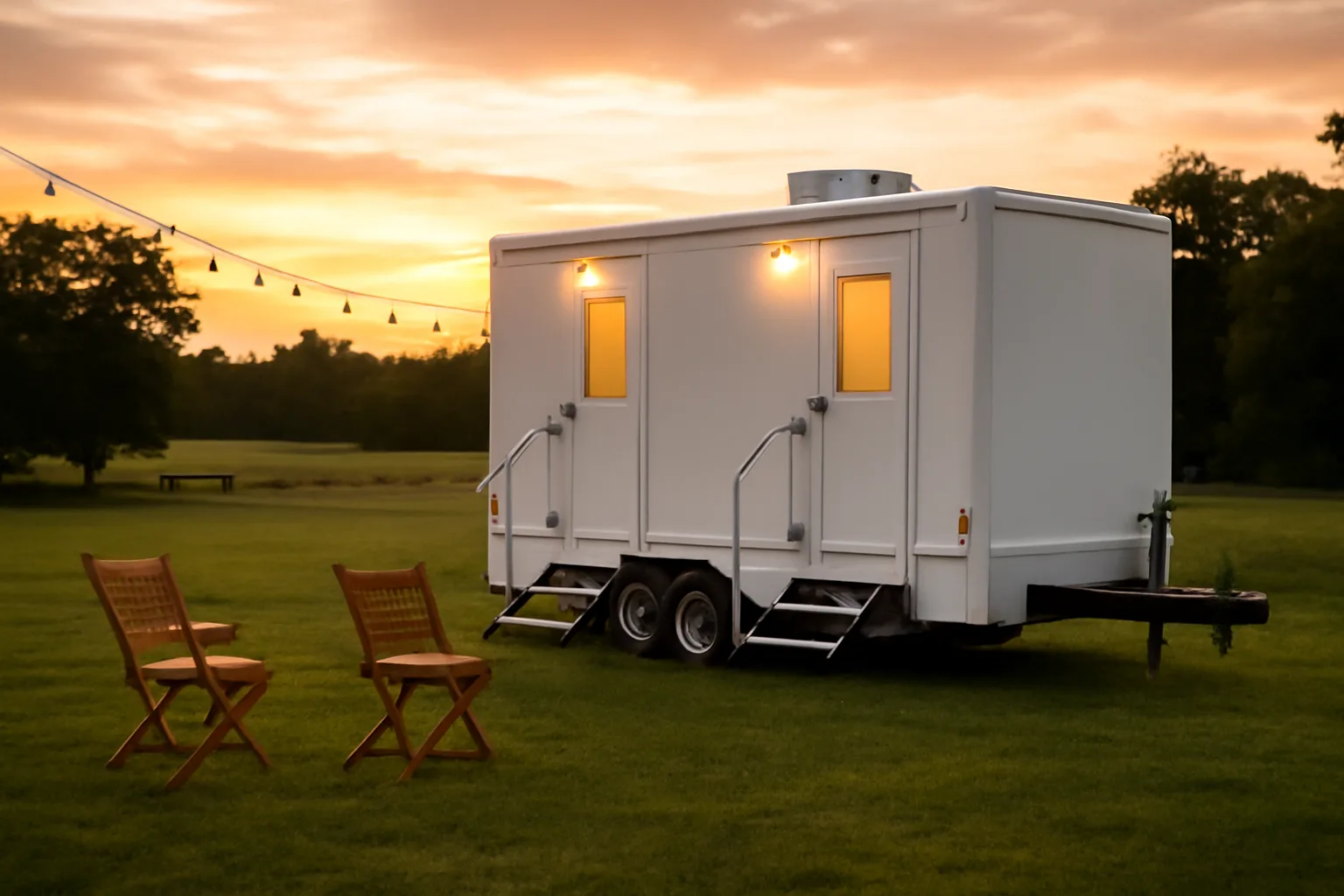 White luxury restroom trailer at an Alabama farm wedding site at sunset.
