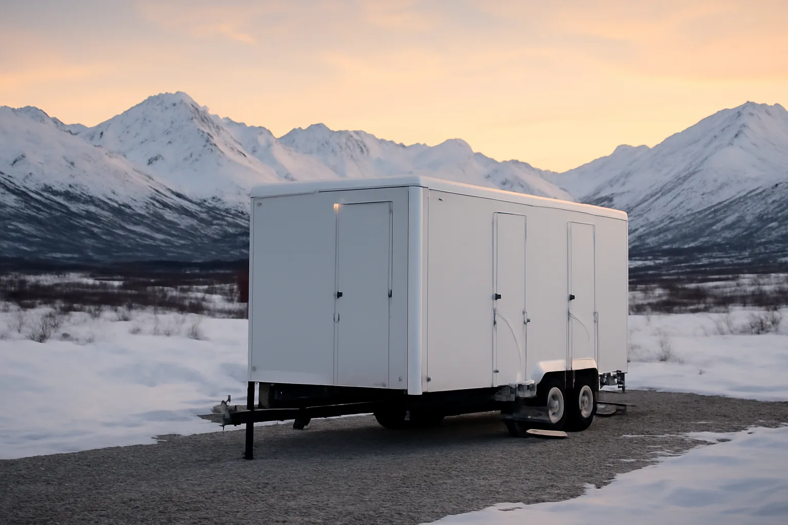 Luxury restroom trailer in Alaska winter landscape