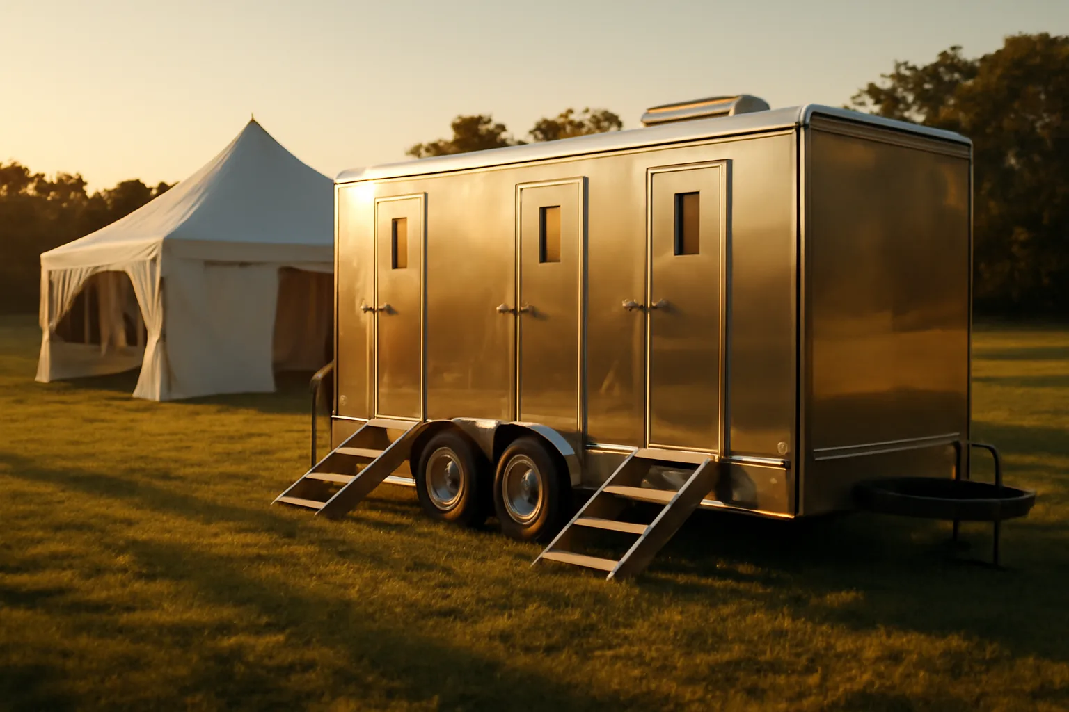 Luxury restroom trailer at an outdoor Alabama wedding venue