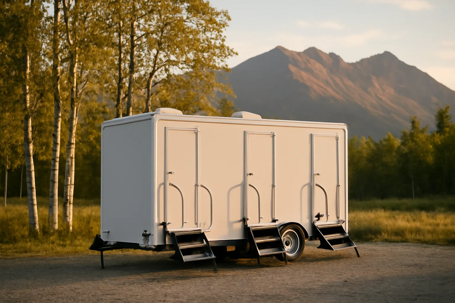 White luxury restroom trailer on gravel at Alaska mountain wedding site