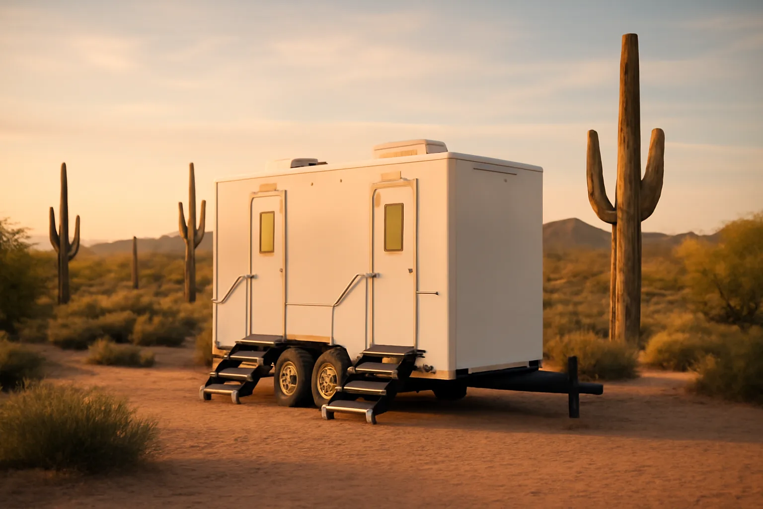 Luxury restroom trailer at an Arizona wedding venue in the desert.