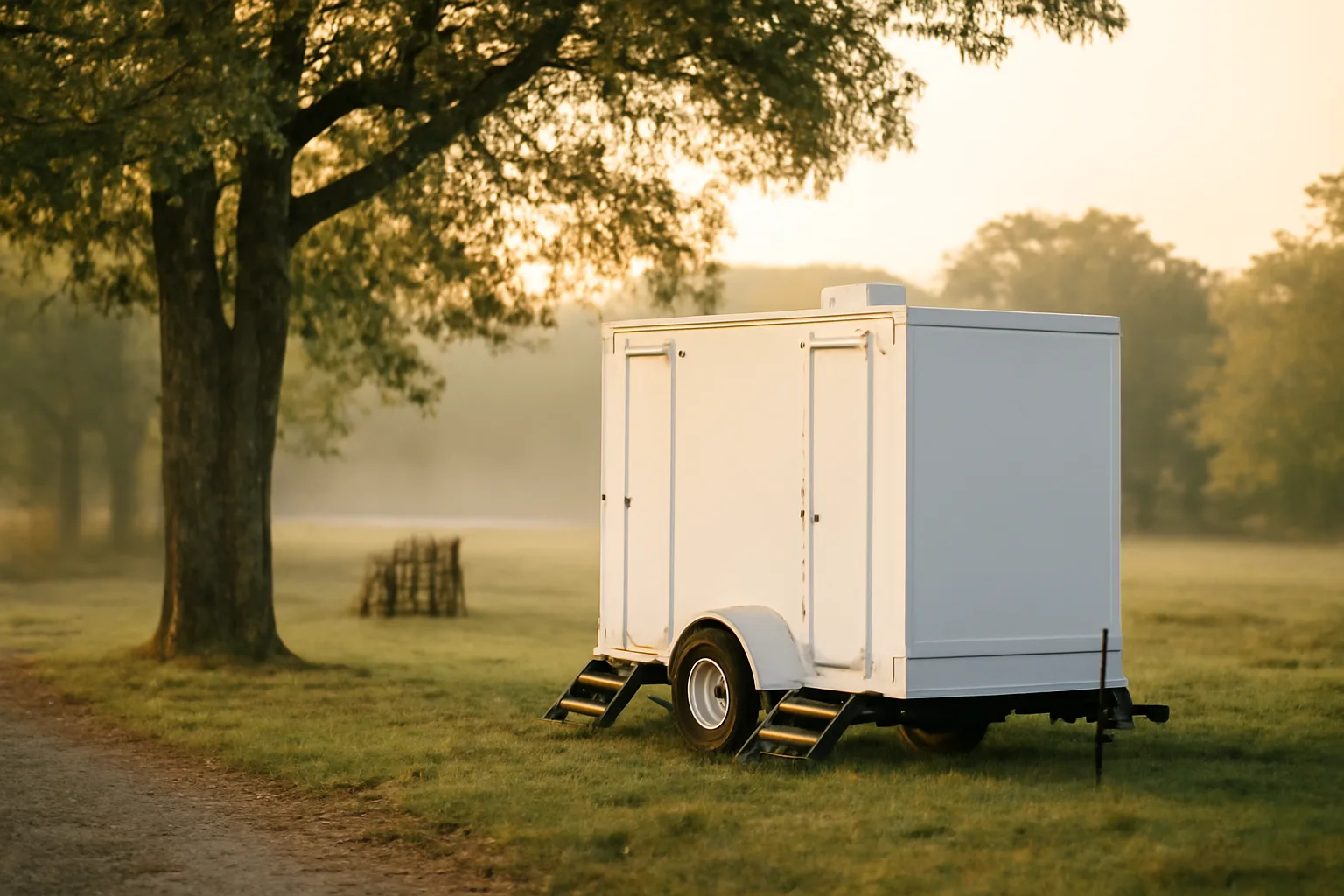 Luxury restroom trailer parked on an Arkansas lawn at dawn