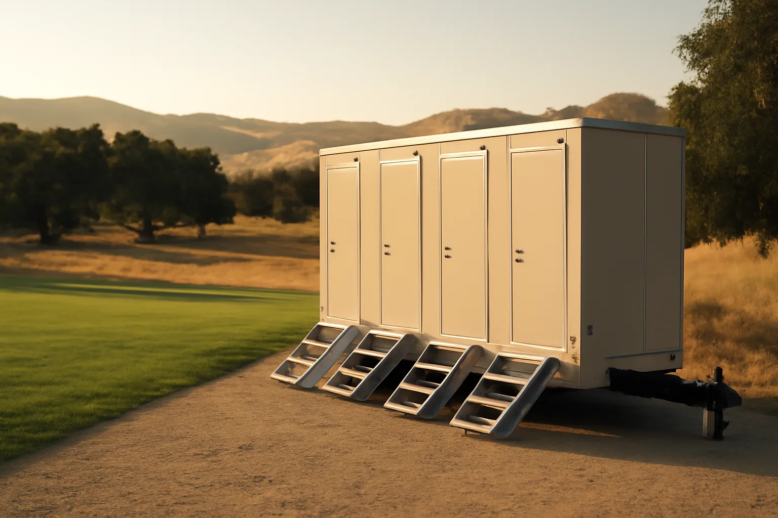 Unmarked luxury restroom trailer on gravel in California grassland