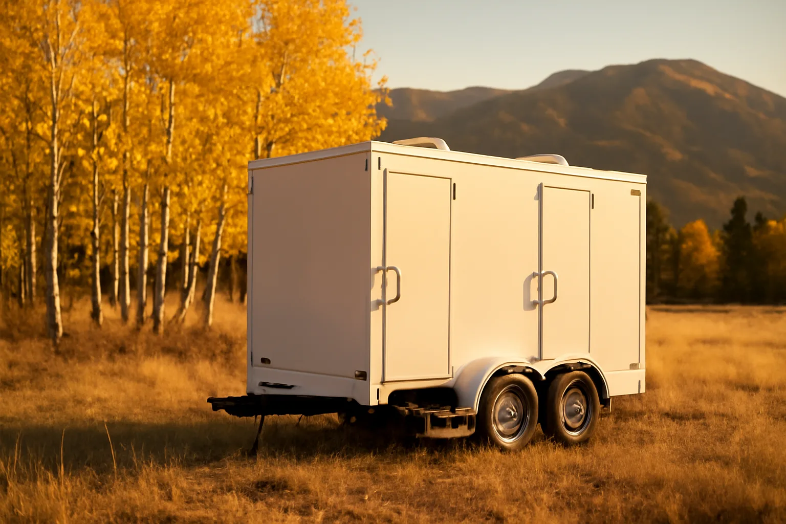 White luxury restroom trailer parked in Colorado foothills at sunset