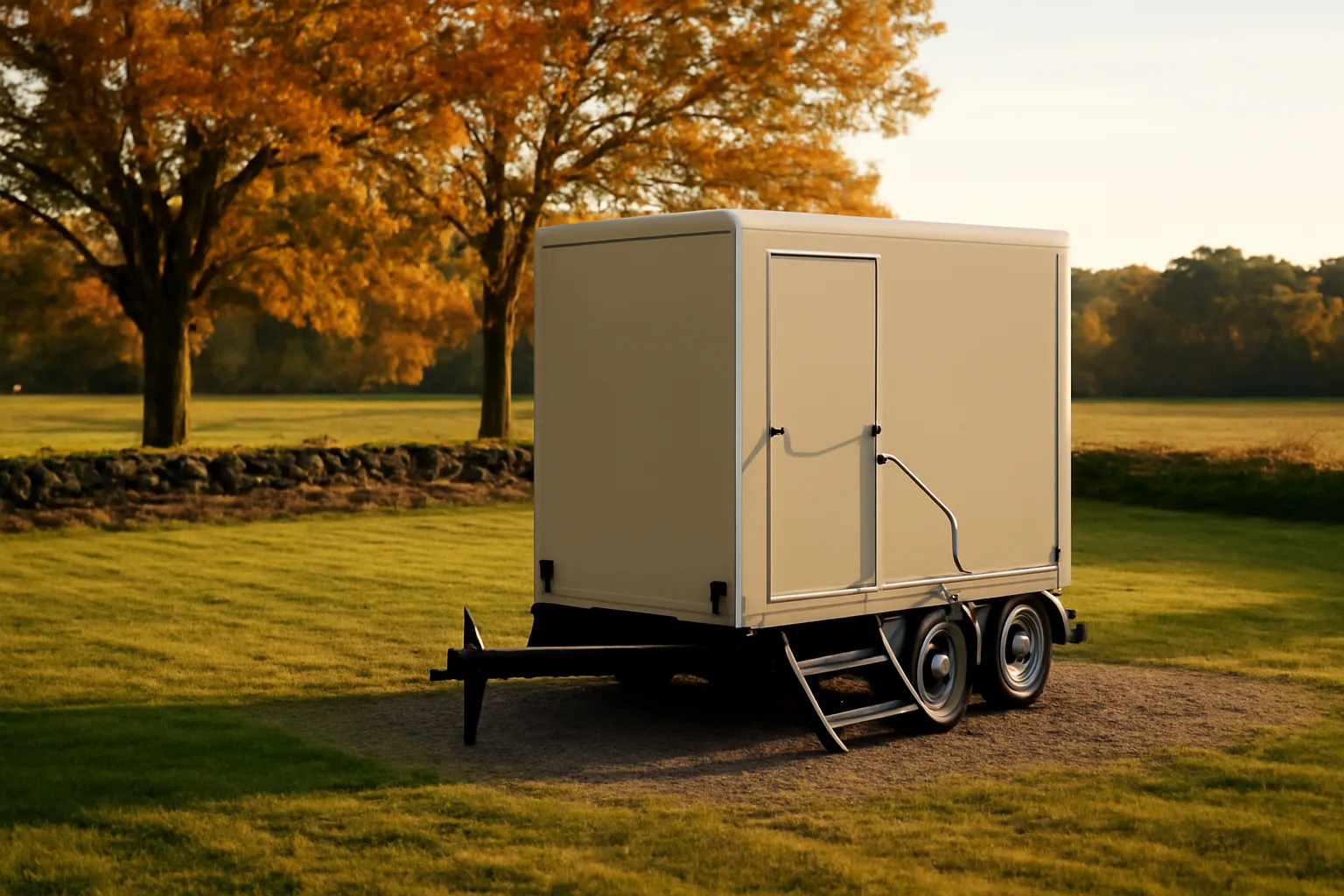 Unmarked luxury restroom trailer on a Connecticut meadow at dusk
