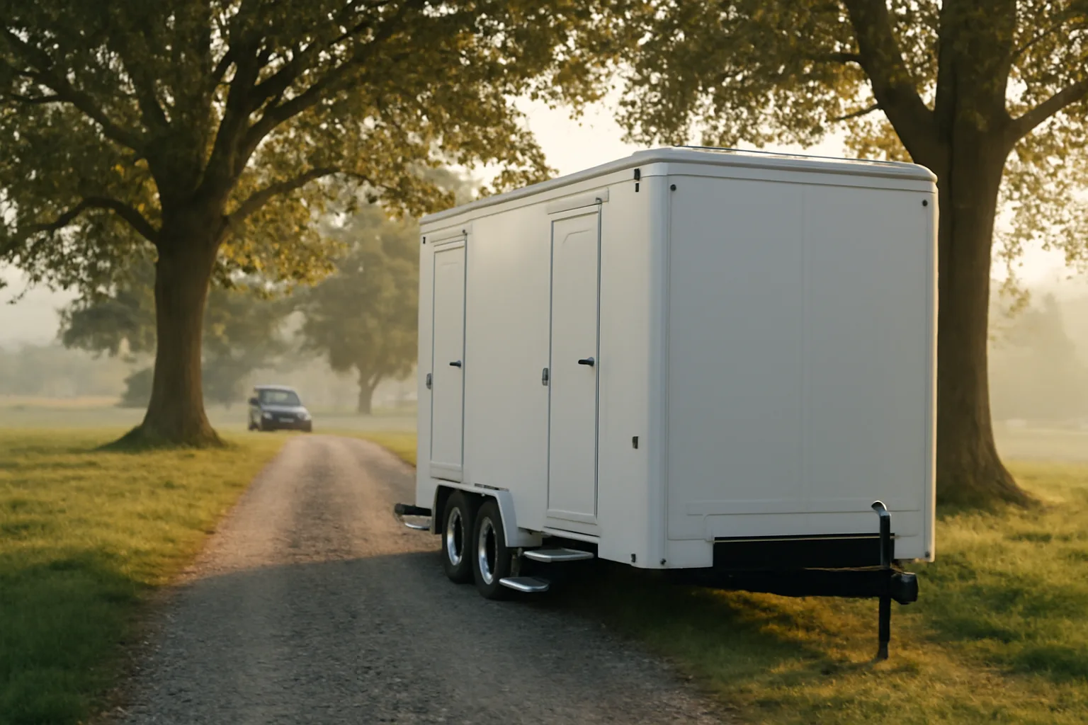 White luxury restroom trailer parked on a Delaware farm lane at dawn