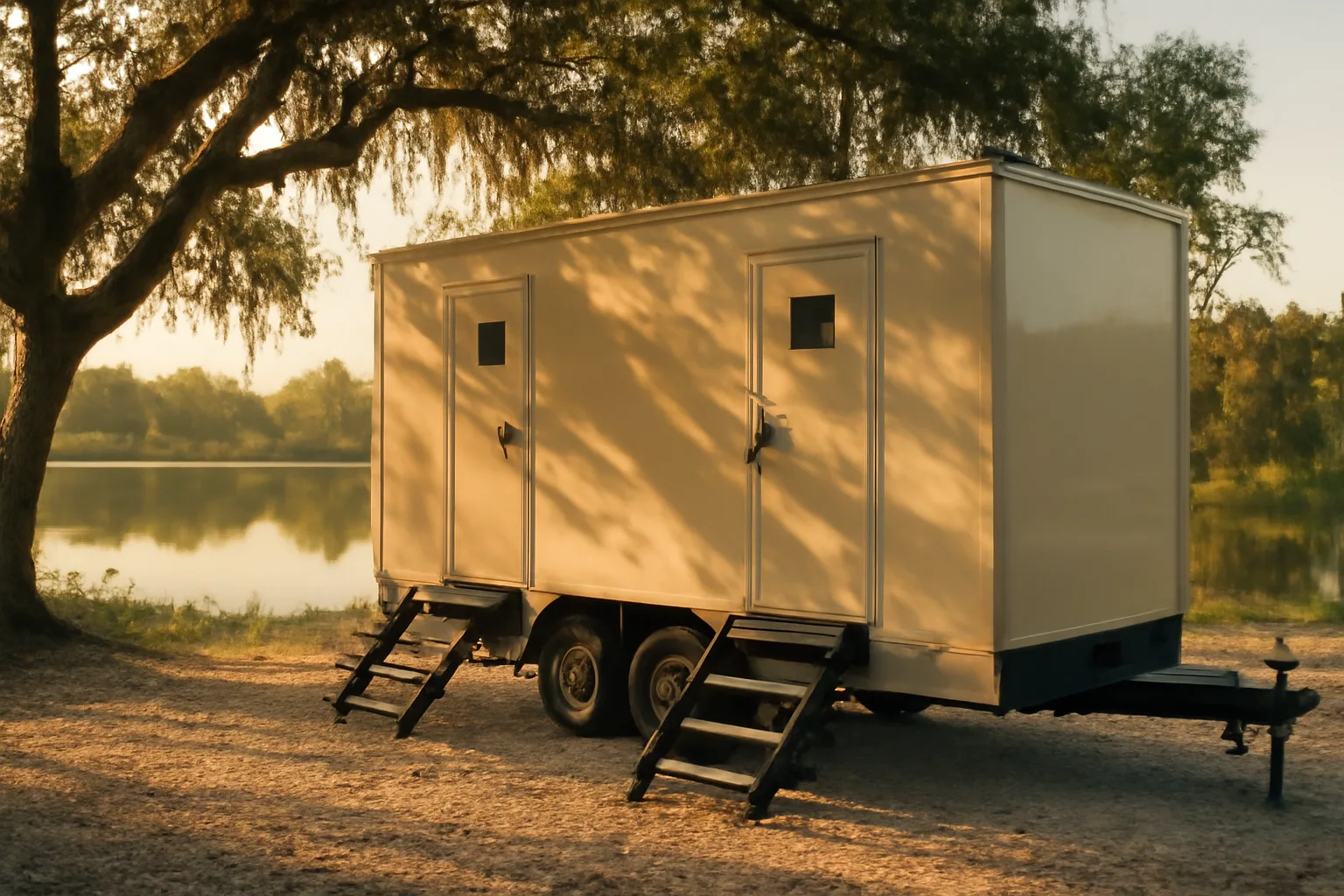 Cream luxury restroom trailer parked under live oaks in Florida