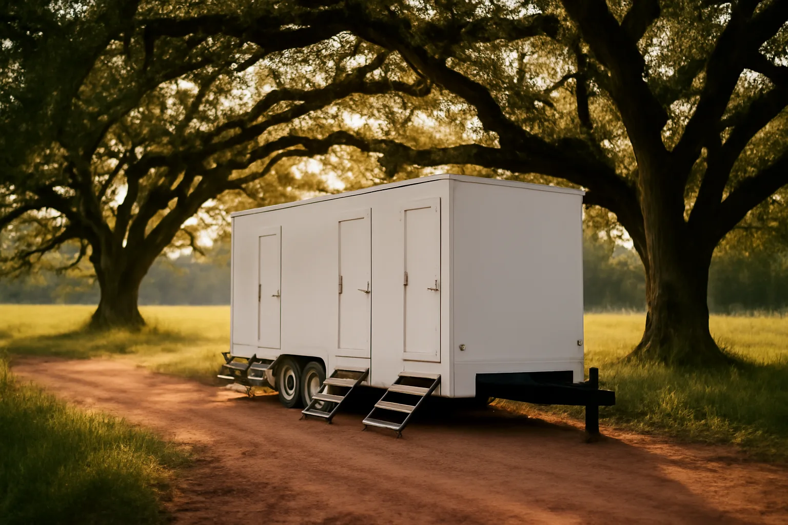 White luxury restroom trailer under live oaks in rural Georgia