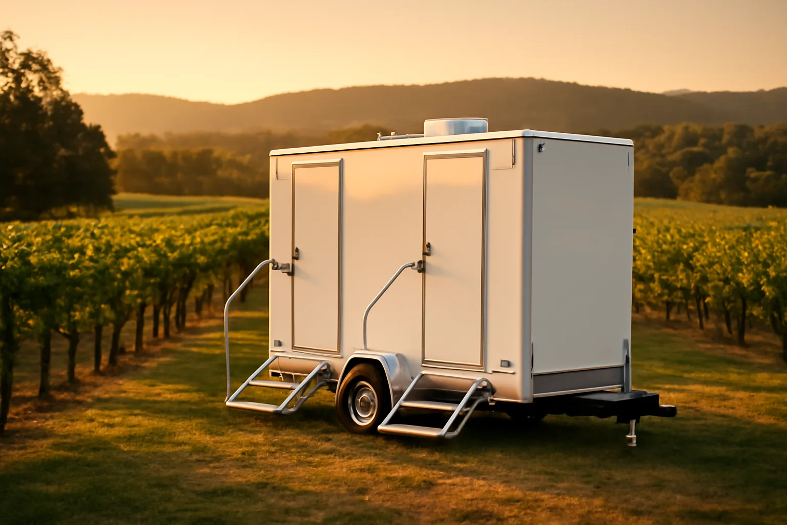 Luxury white restroom trailer at a Virginia vineyard at golden hour