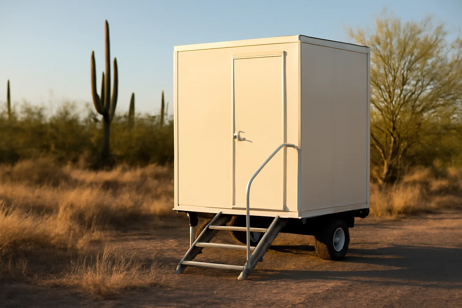Cream luxury restroom trailer parked in Arizona desert evening light