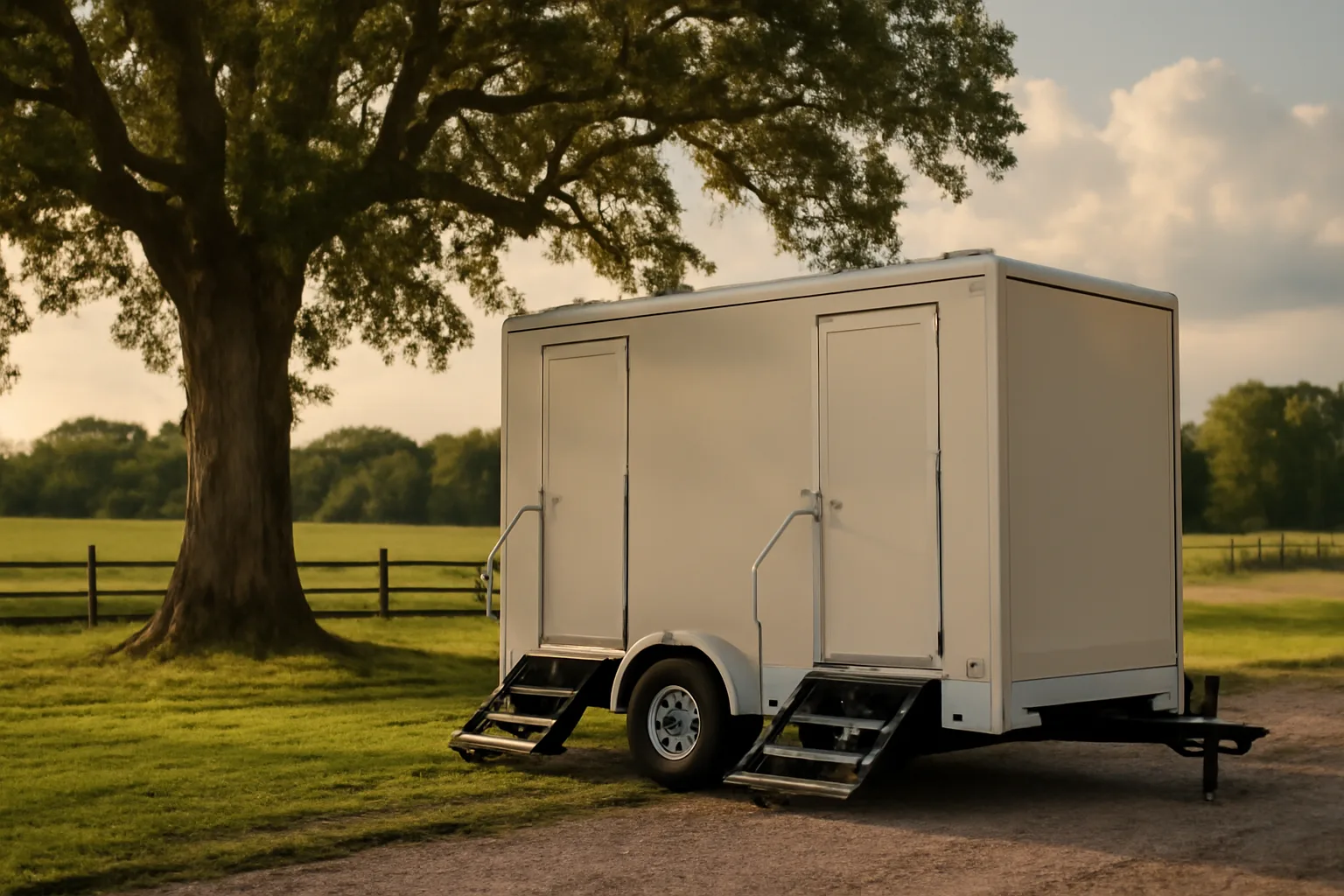 Cream luxury restroom trailer on grass near an oak in Arkansas