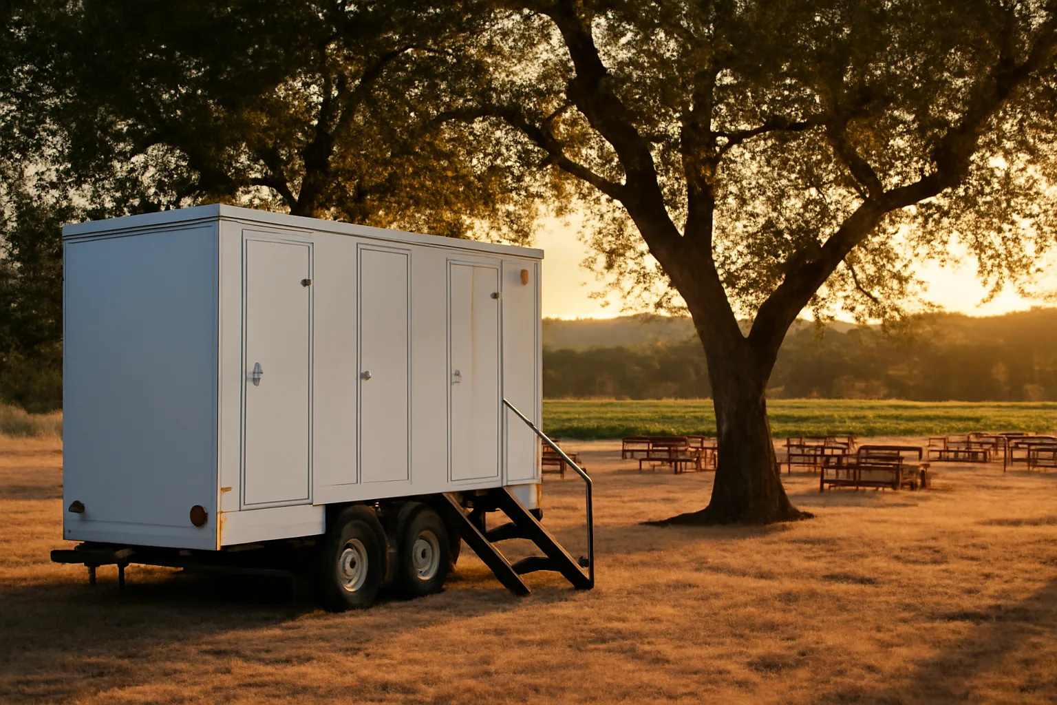 White luxury restroom trailer parked under California vineyard oaks
