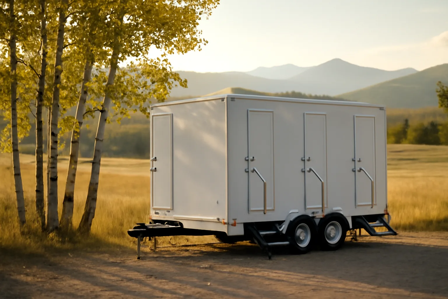 Luxury restroom trailer parked in a Colorado foothills meadow