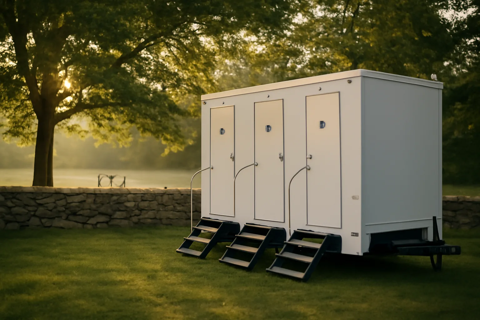 White luxury restroom trailer beside a Connecticut fieldstone wall