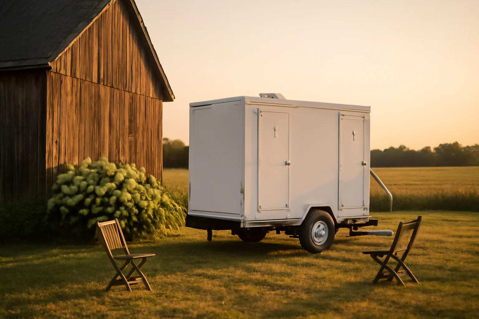 White luxury restroom trailer parked in a Delaware grass field