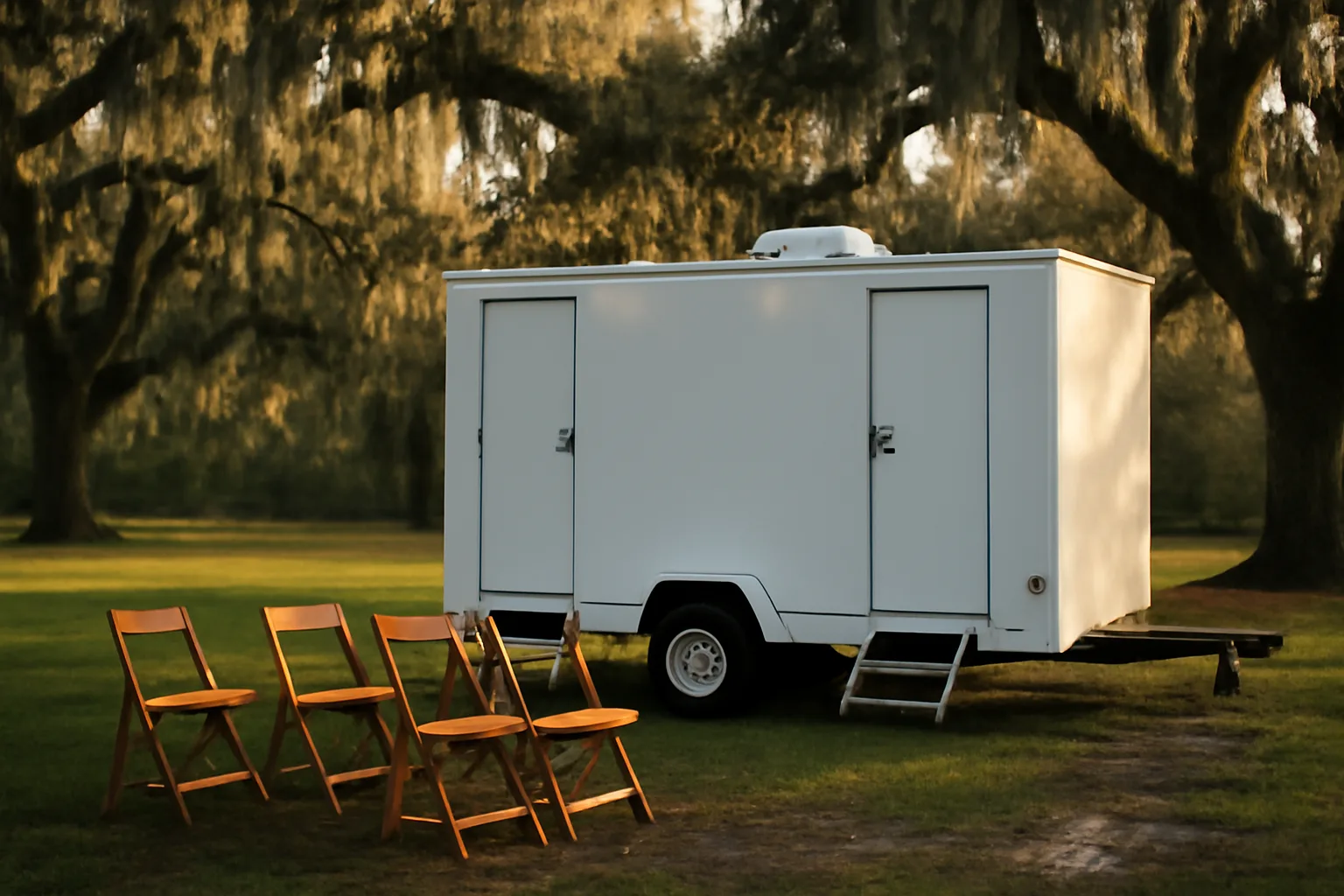 White luxury restroom trailer parked under live oaks in Florida