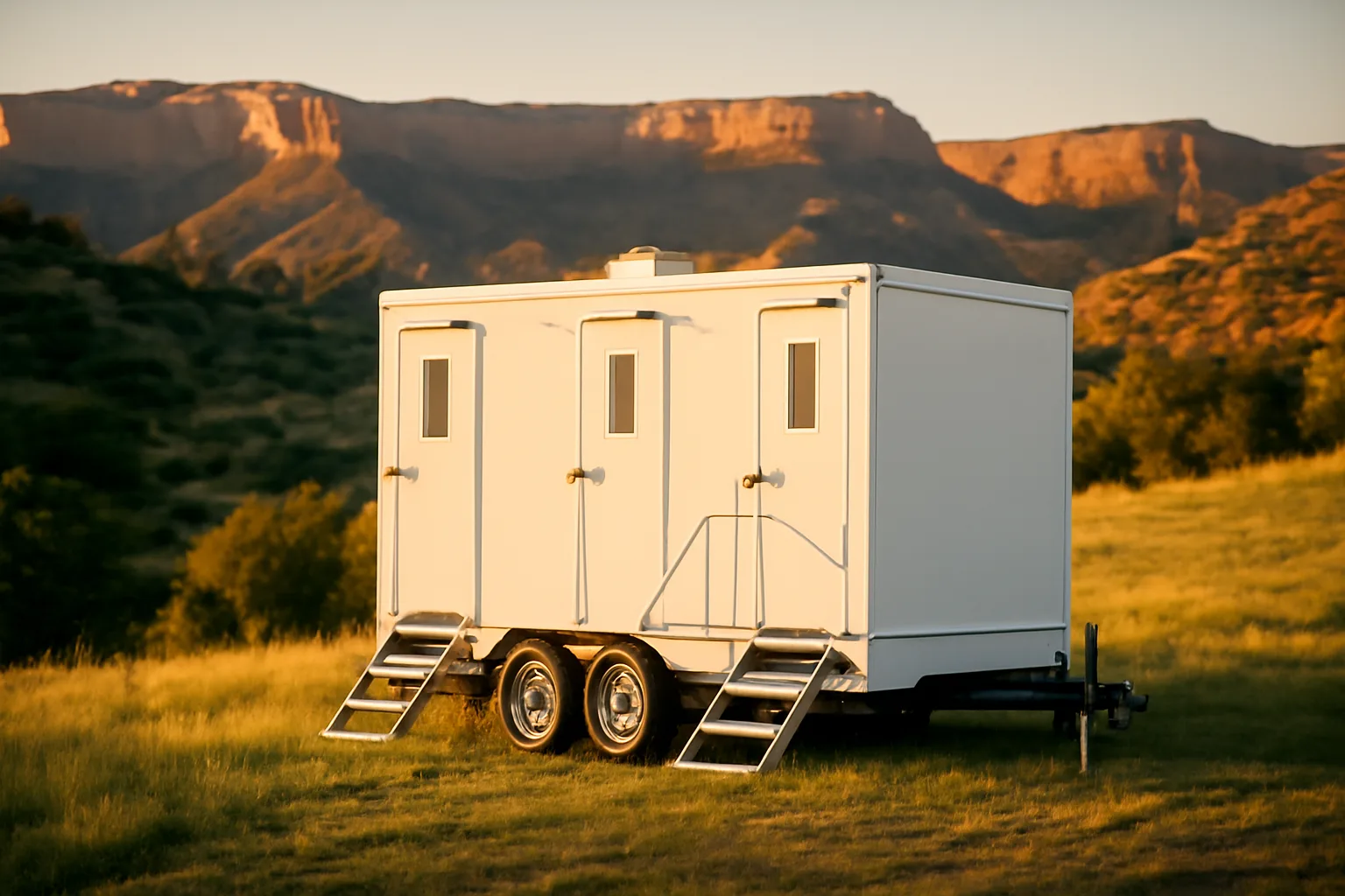 Luxury restroom trailer on a Utah hillside with canyon walls in background