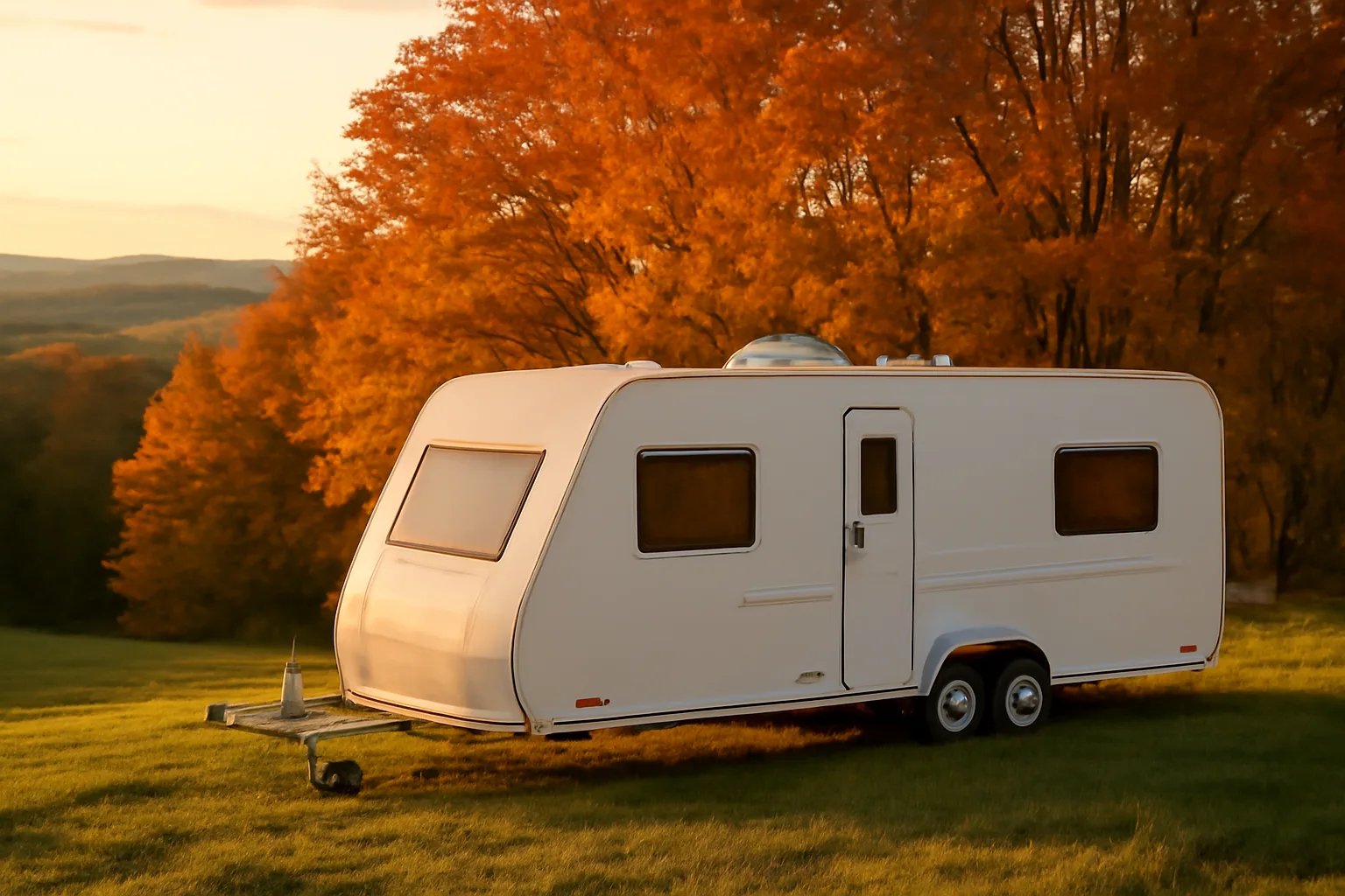 Luxury restroom trailer parked on a Vermont hillside among autumn maple trees