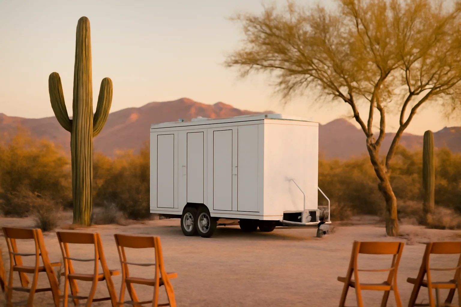 Luxury restroom trailer parked in Sonoran desert light near Scottsdale