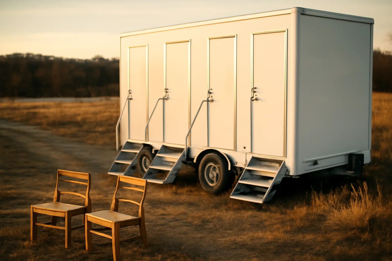 White luxury restroom trailer parked in an Arkansas pasture