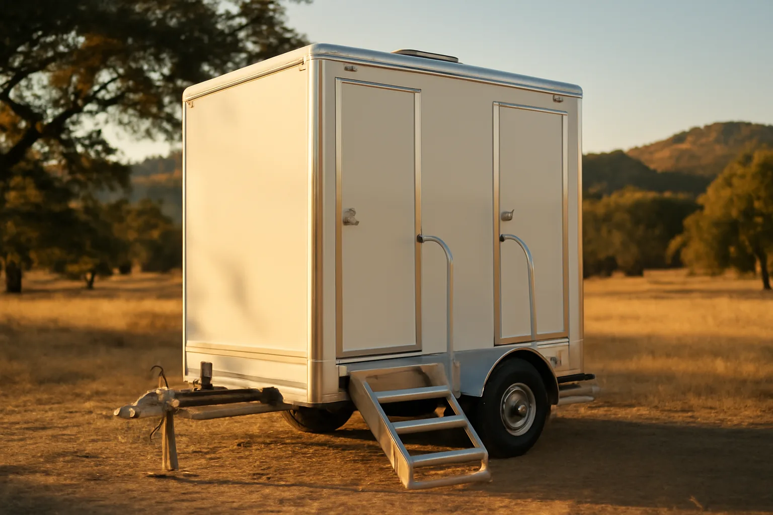 Cream luxury restroom trailer parked under California oaks at sunset