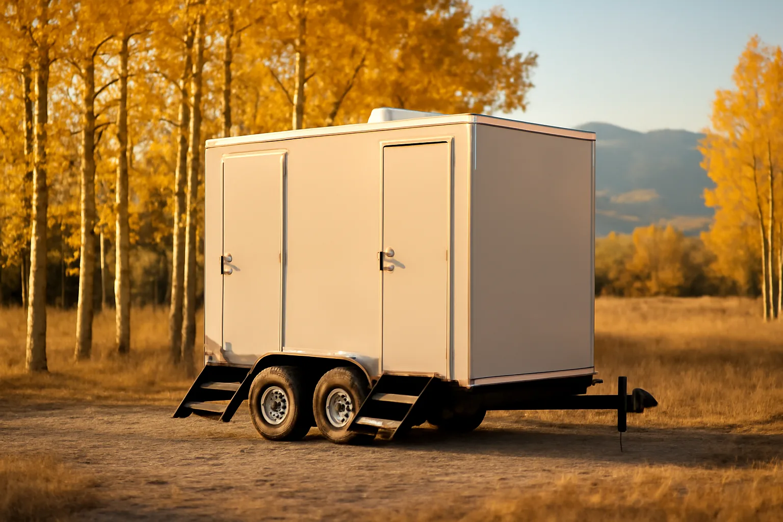Luxury restroom trailer parked by aspens in Colorado foothills