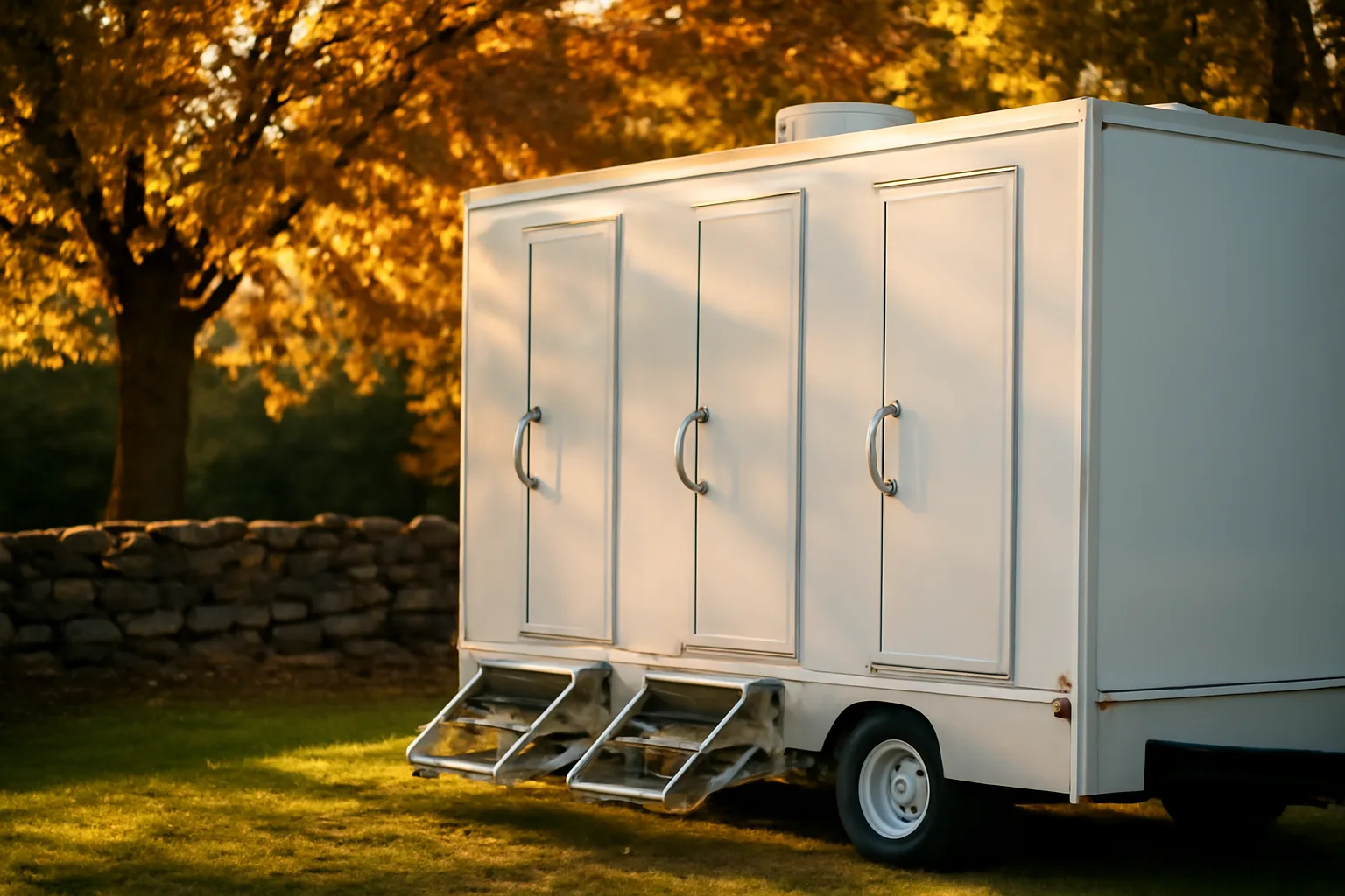 White luxury restroom trailer in a Connecticut field at sunset