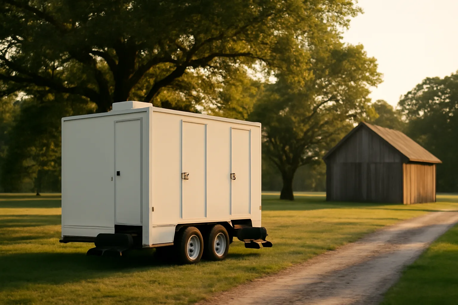 White luxury restroom trailer parked by a barn at dusk