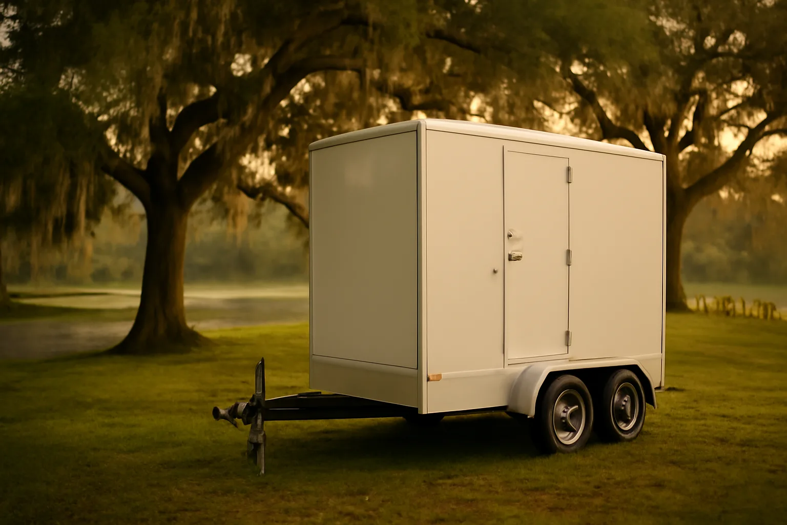 Unmarked luxury restroom trailer parked by a Florida marsh at sunset