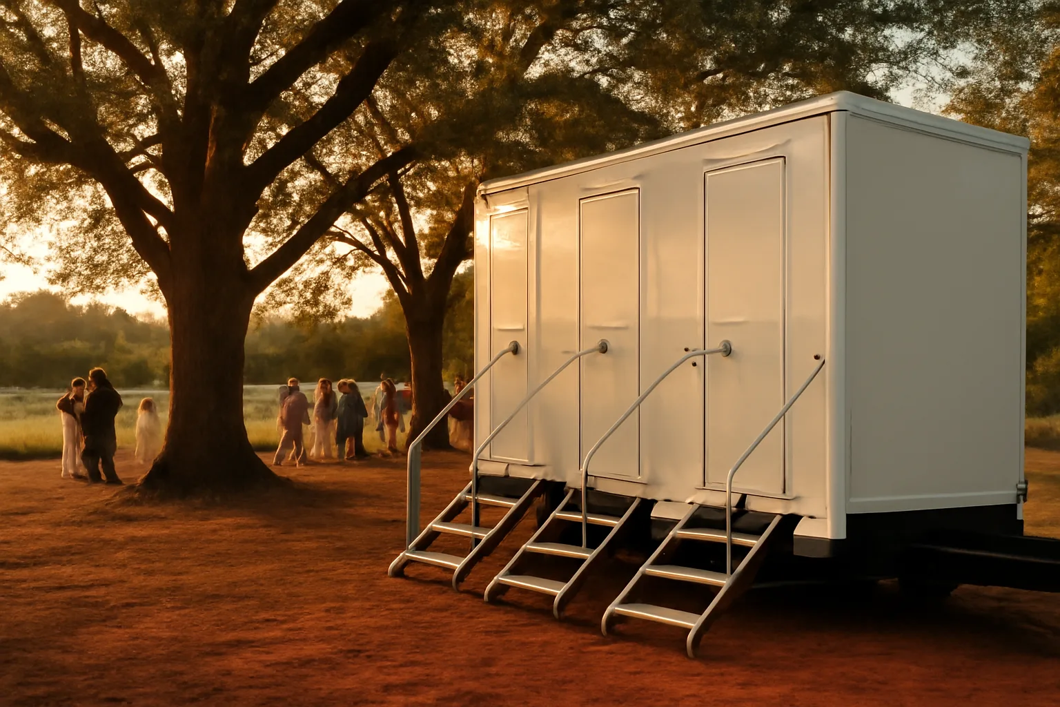 White luxury restroom trailer on red Georgia clay at dusk