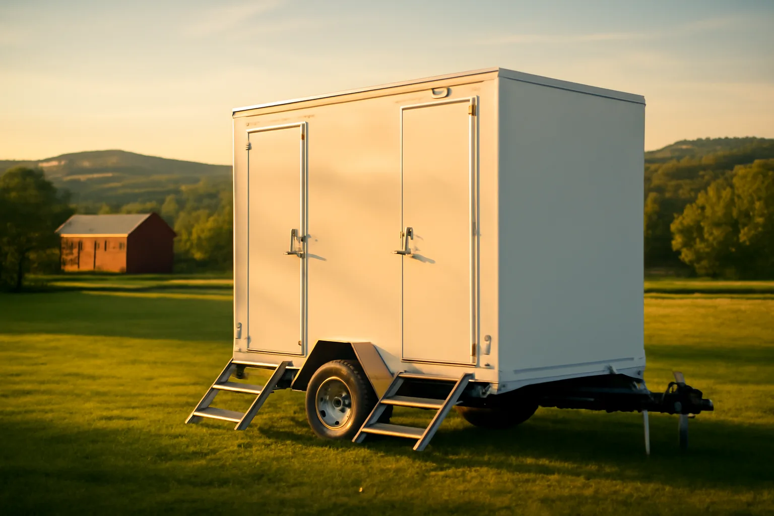 Luxury restroom trailer parked at a Vermont farm venue at golden hour