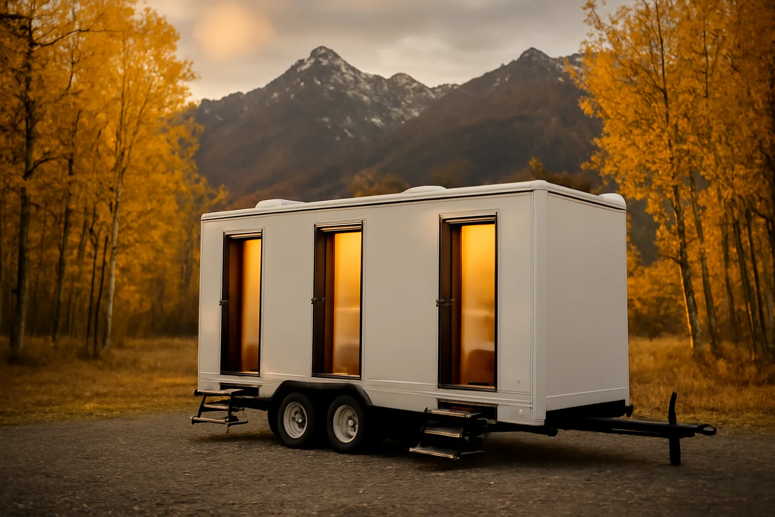 Luxury restroom trailer at an outdoor wedding venue in Alaska with mountain backdrop