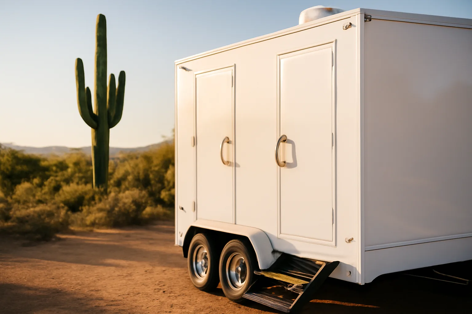 White luxury restroom trailer outside a desert wedding venue near Tucson