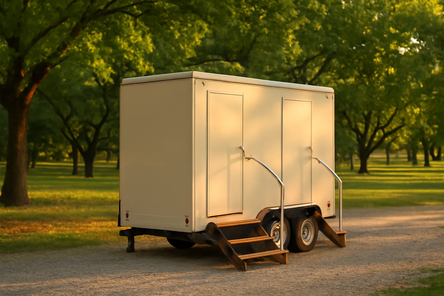Cream restroom trailer parked by an Arkansas pecan grove at dusk