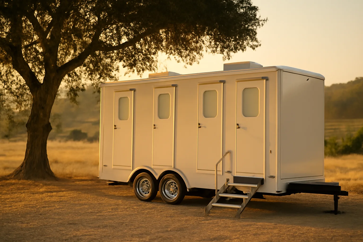 Cream luxury restroom trailer beside a California oak at sunset