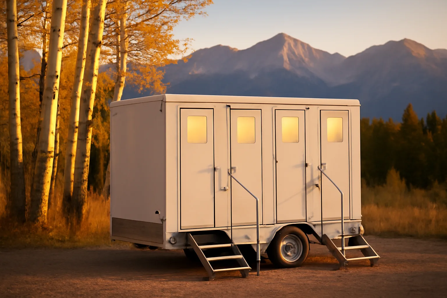 White luxury restroom trailer beside aspens in Colorado foothills