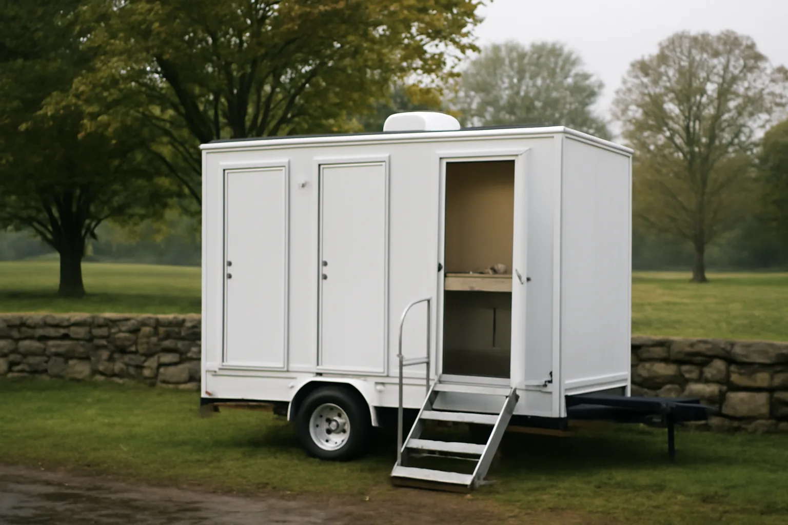White luxury restroom trailer on a wet Connecticut lawn