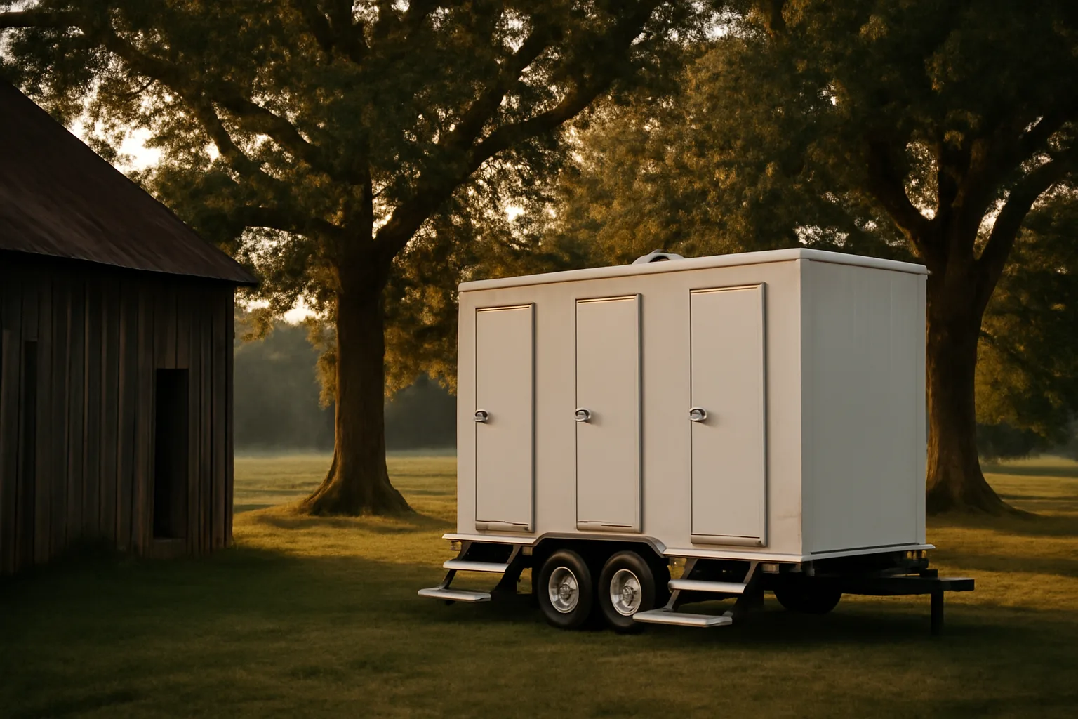 White luxury restroom trailer beside a barn in Delaware