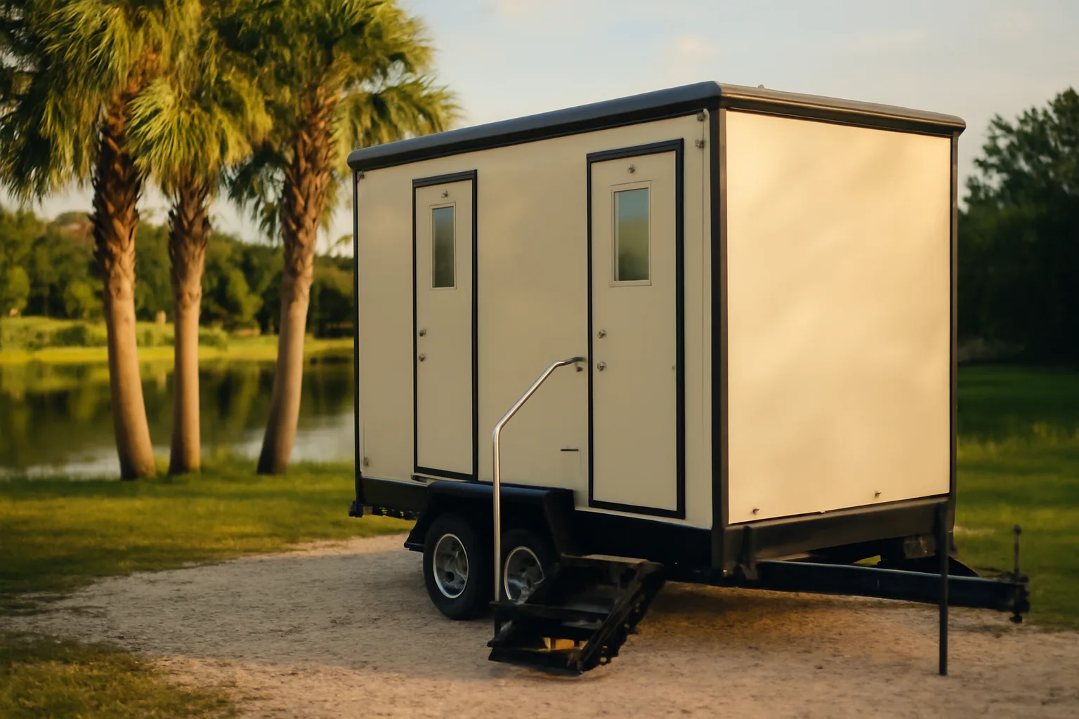Cream luxury restroom trailer parked by cabbage palms in Florida