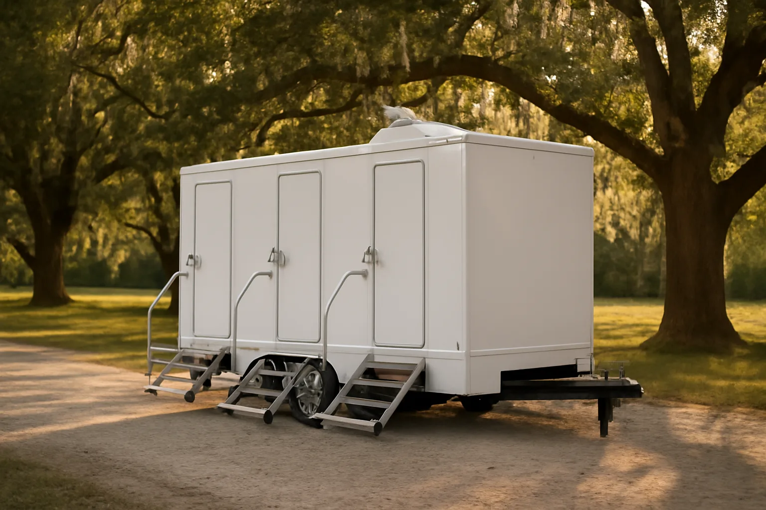 Unbranded restroom trailer parked under Georgia live oaks at dusk