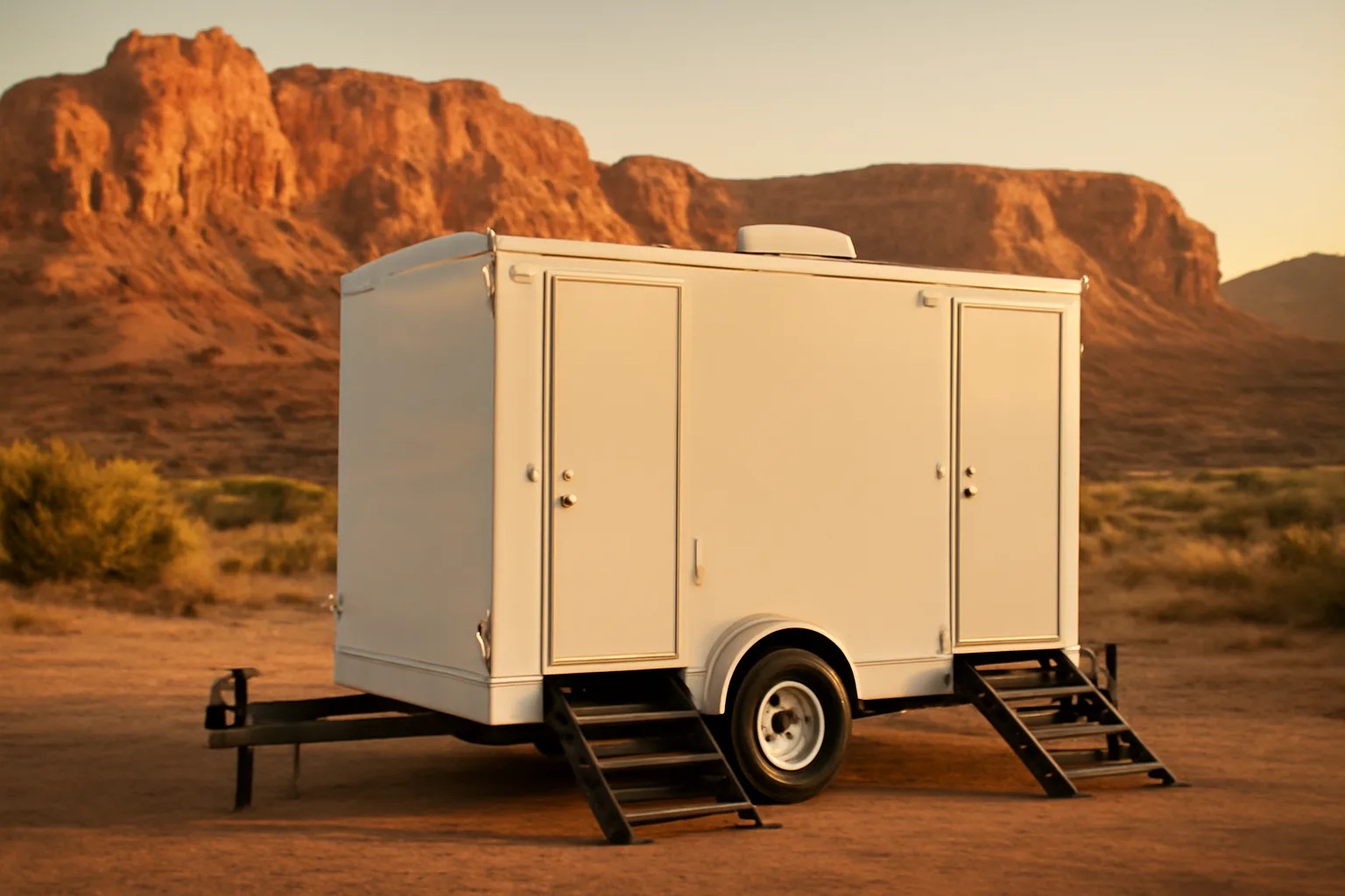White luxury restroom trailer at a Utah outdoor venue with red rock formations in background