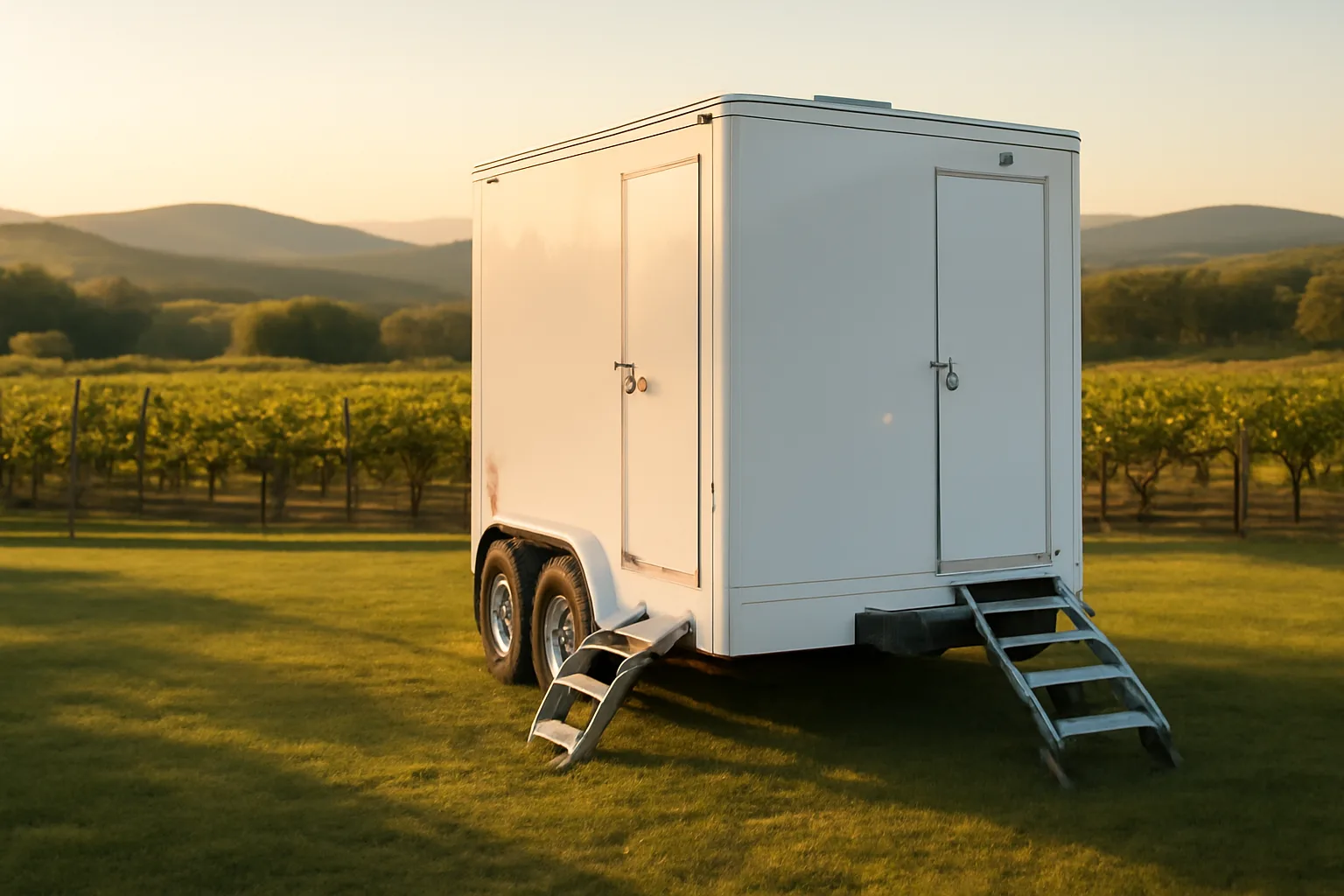 White luxury restroom trailer on green grass at Virginia vineyard wedding venue