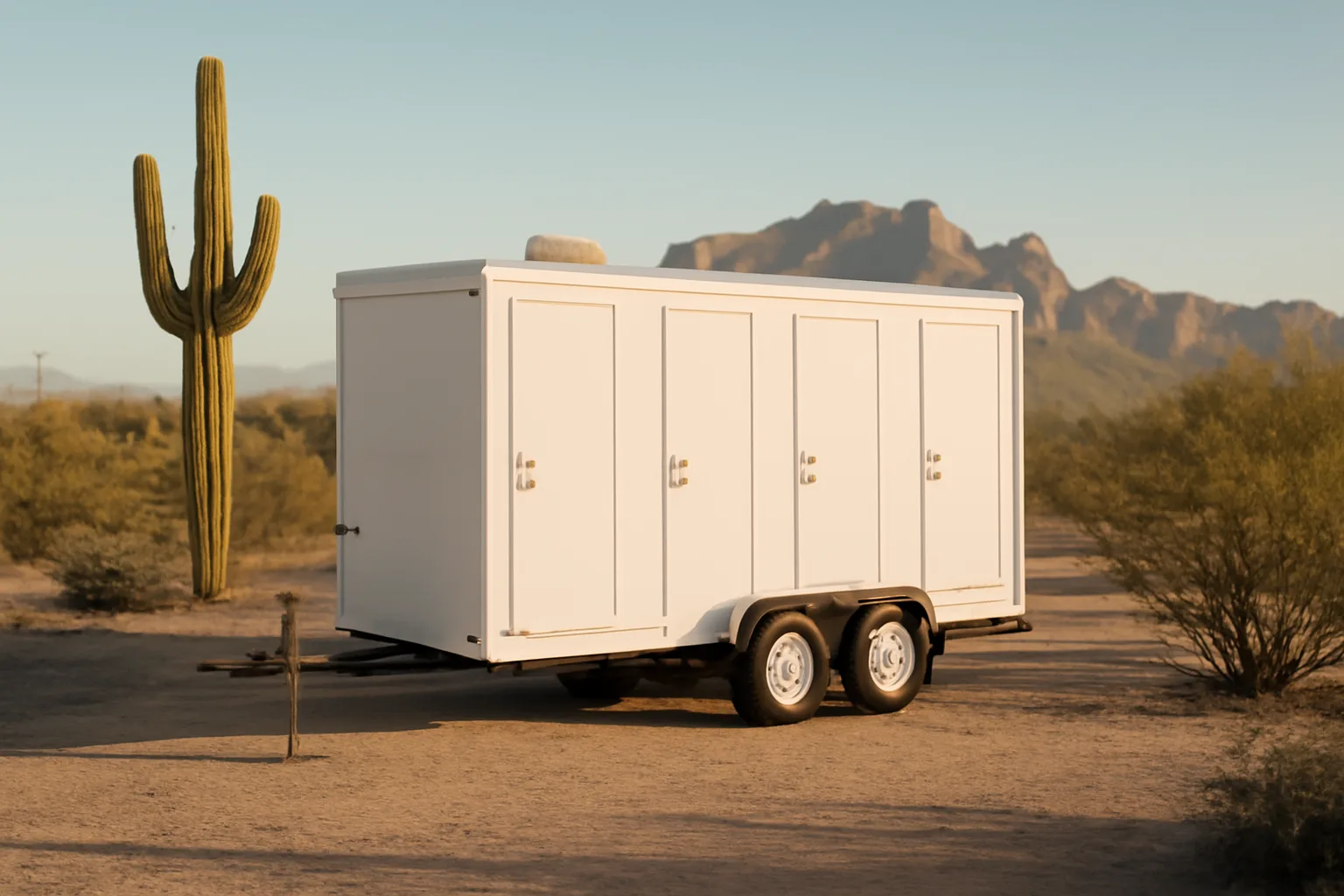 Luxury restroom trailer on desert gravel near Arizona saguaros