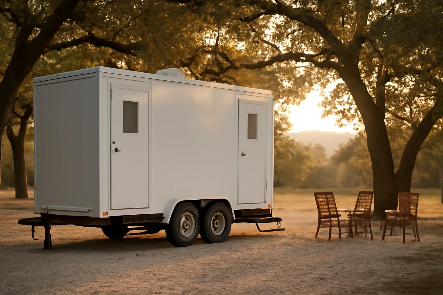 Unmarked luxury restroom trailer on gravel beside oak trees at dusk