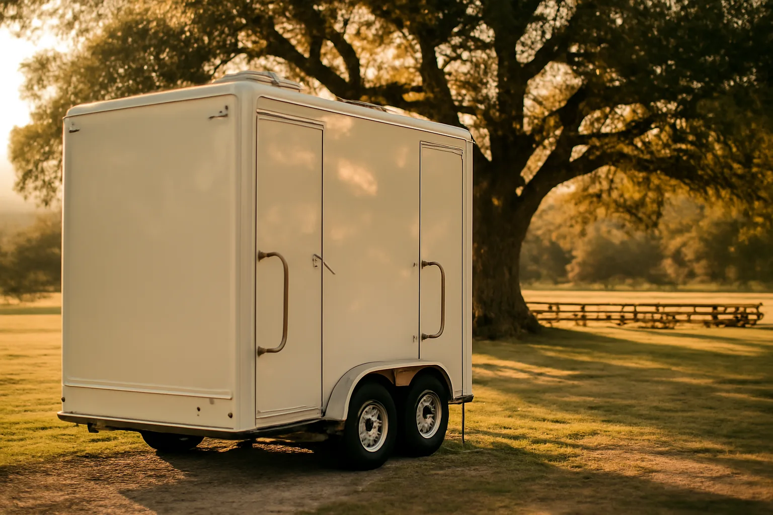 Cream luxury restroom trailer parked under oaks in rural California